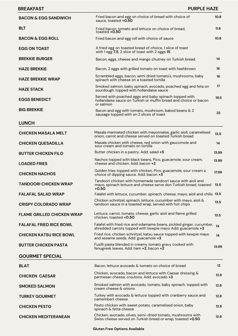 Menu, Purple Haze Espresso Bar