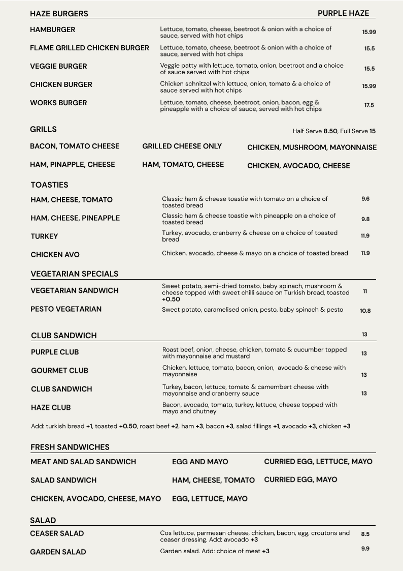 Menu, Purple Haze Espresso Bar