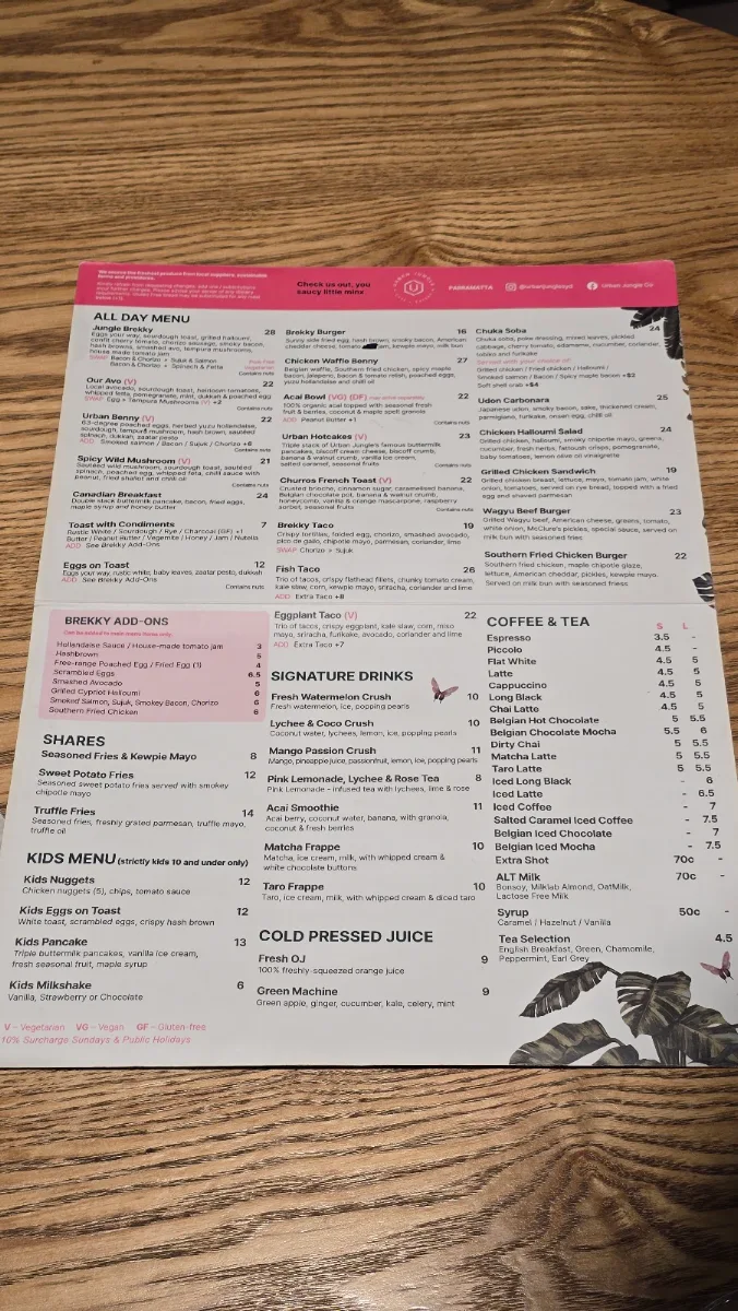Menu, Urban Jungle Cafe