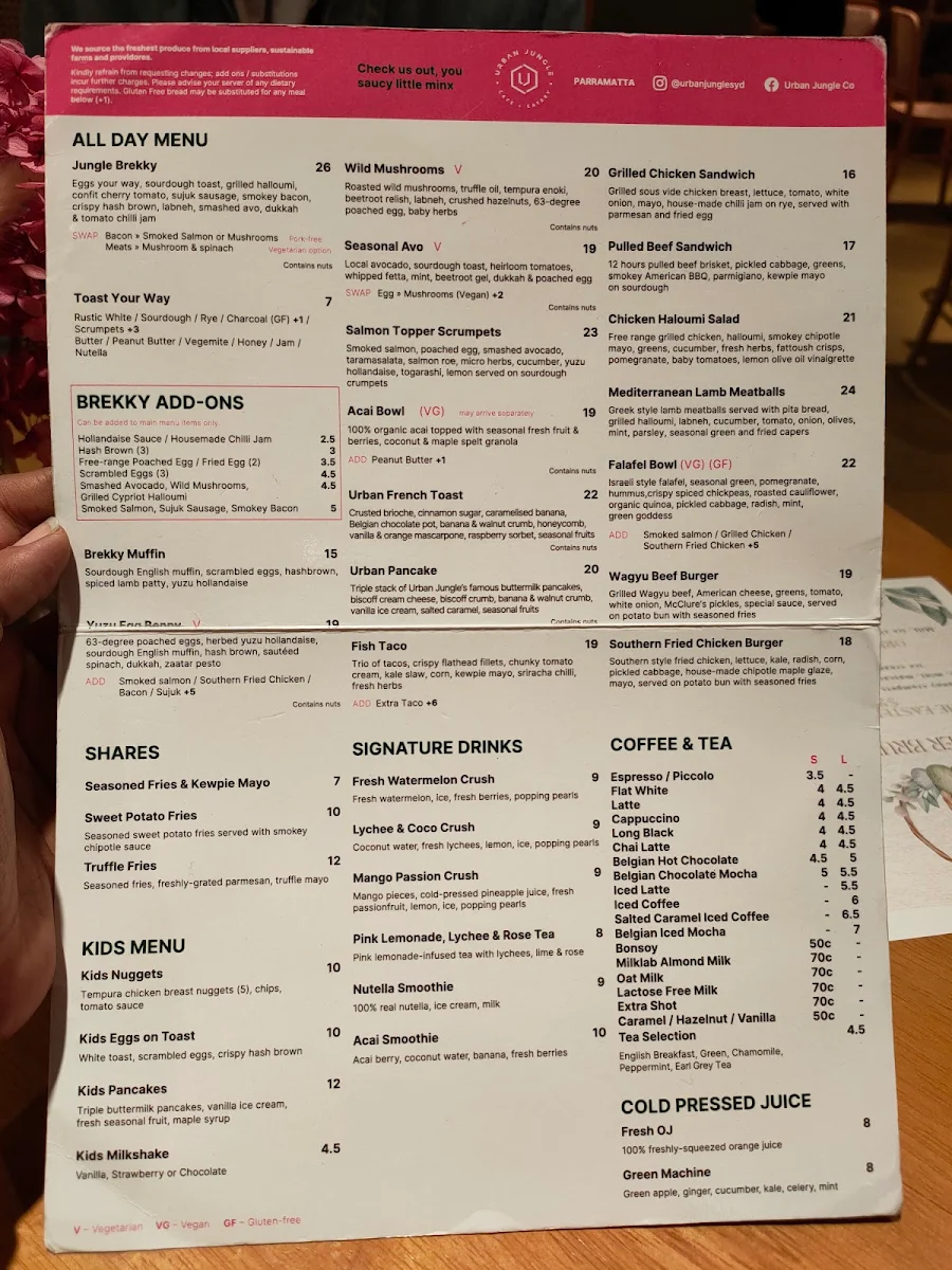 Menu, Urban Jungle Cafe