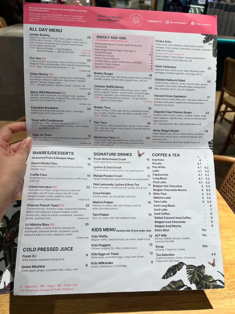 Menu, Urban Jungle Cafe