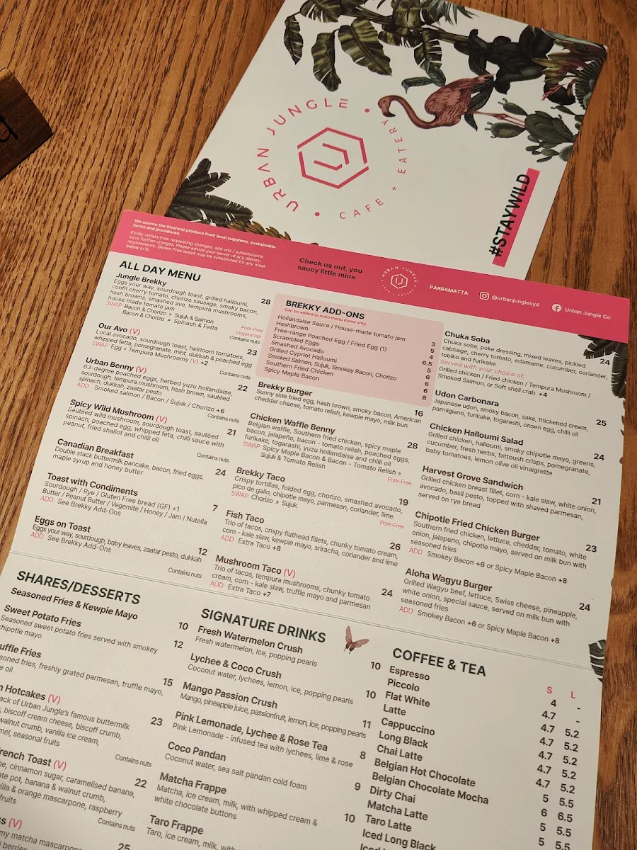 Menu, Urban Jungle Cafe