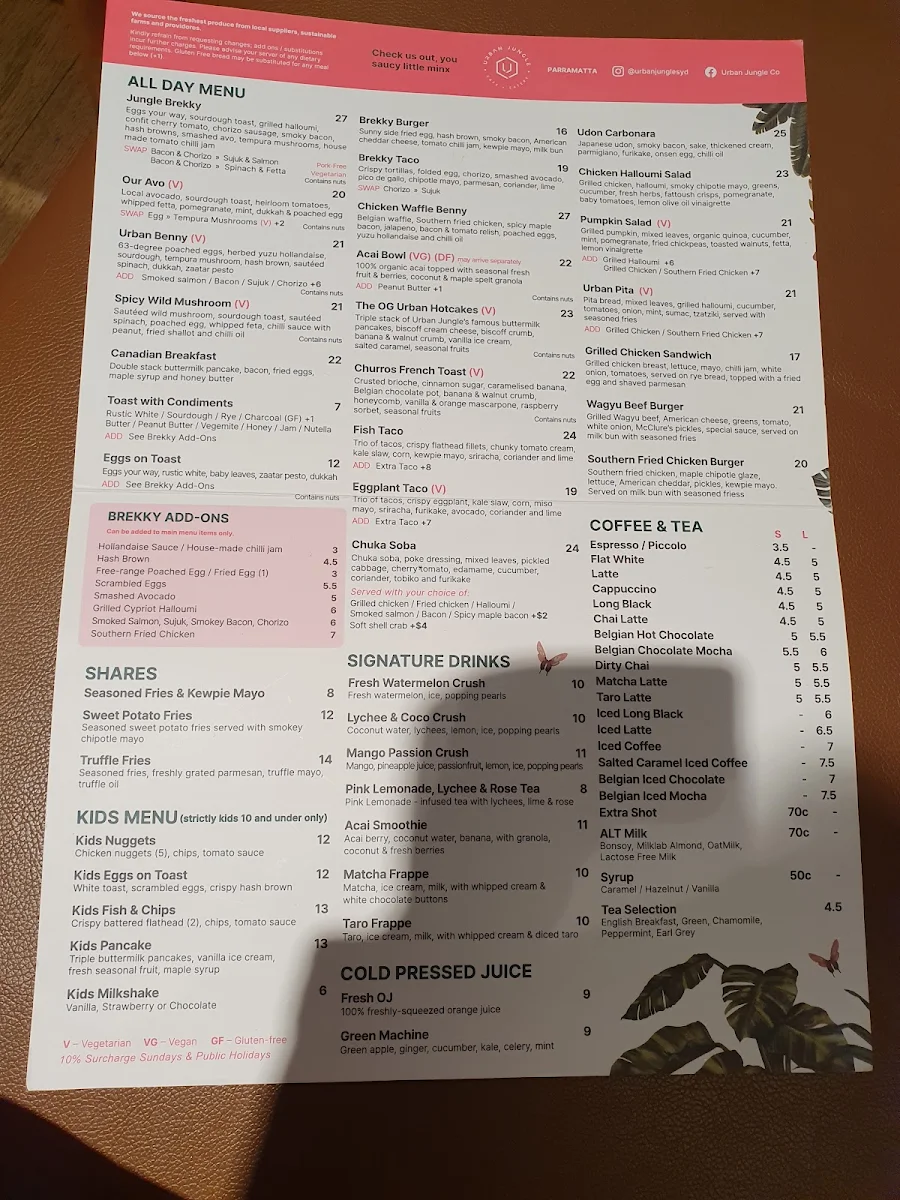 Menu, Urban Jungle Cafe