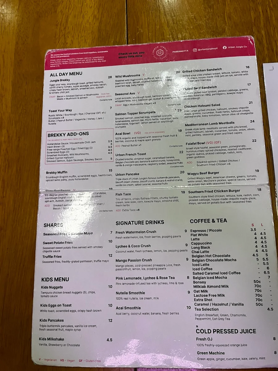 Menu, Urban Jungle Cafe