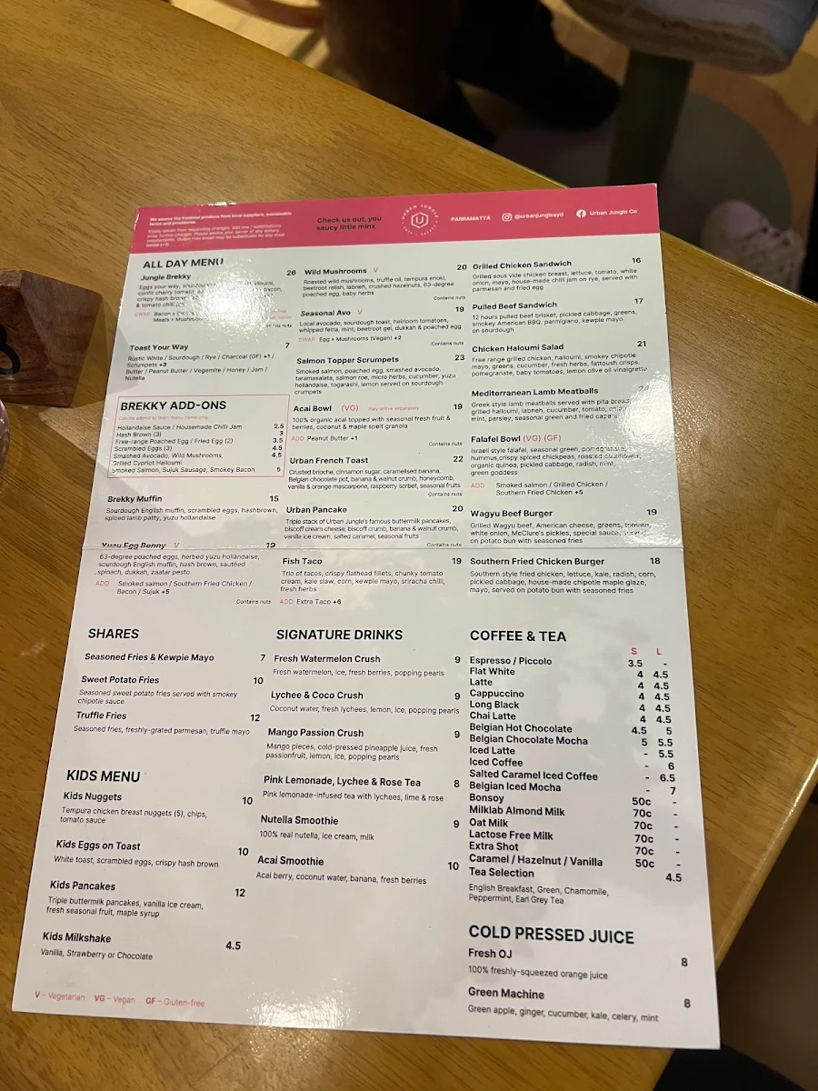 Menu, Urban Jungle Cafe