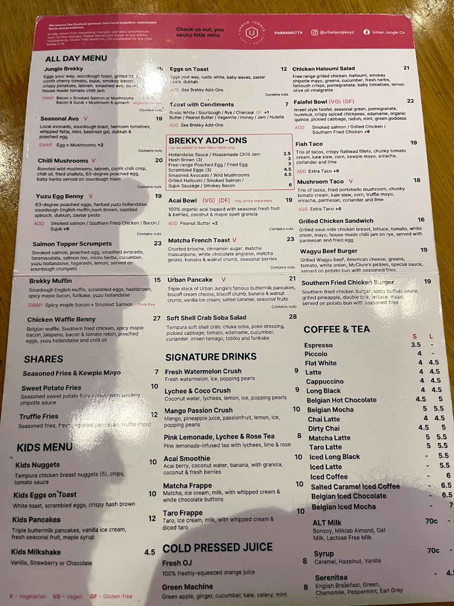 Menu, Urban Jungle Cafe