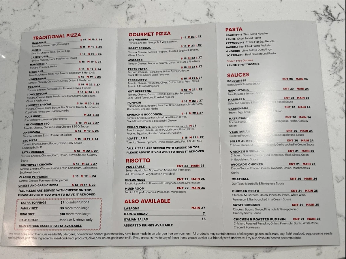 Menu, Town & Country Pizza and Pasta Delacombe