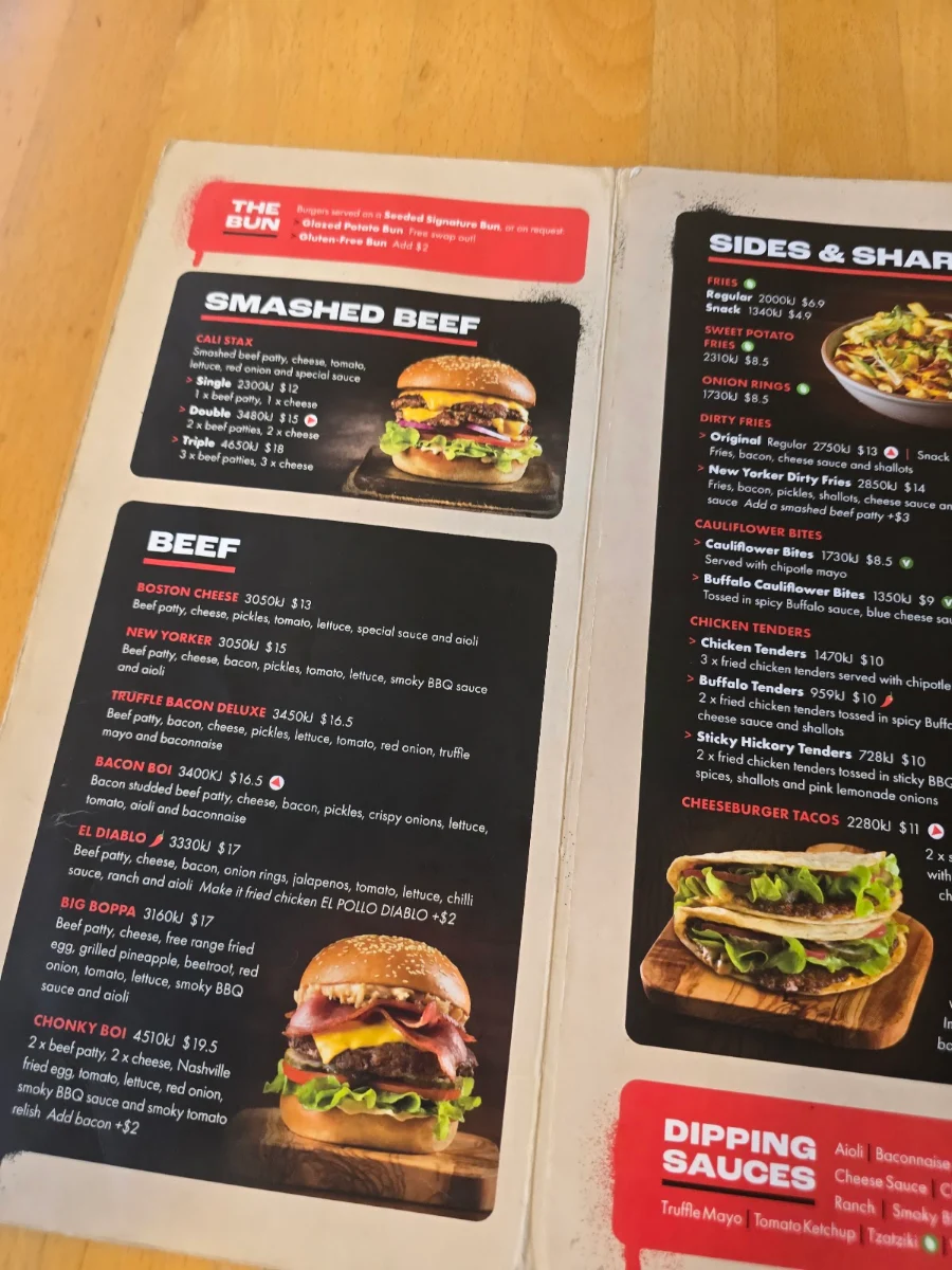 Menu, Burger Urge (DFO Brisbane Airport)