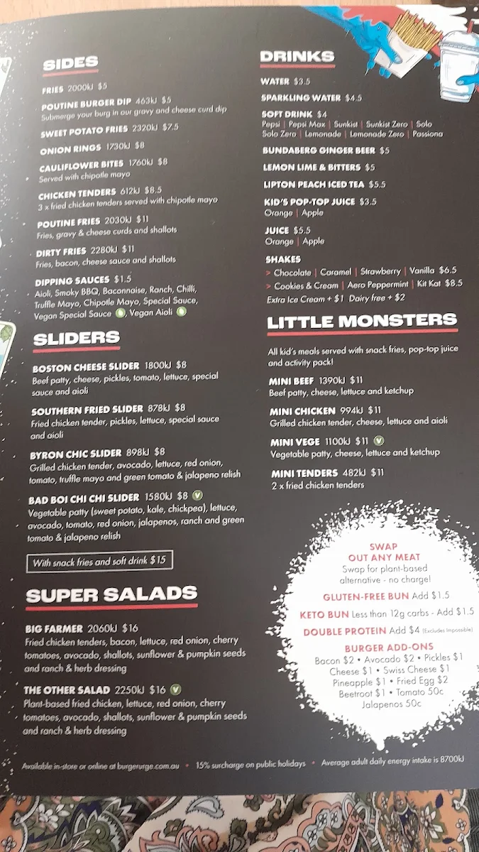 Menu, Burger Urge (DFO Brisbane Airport)
