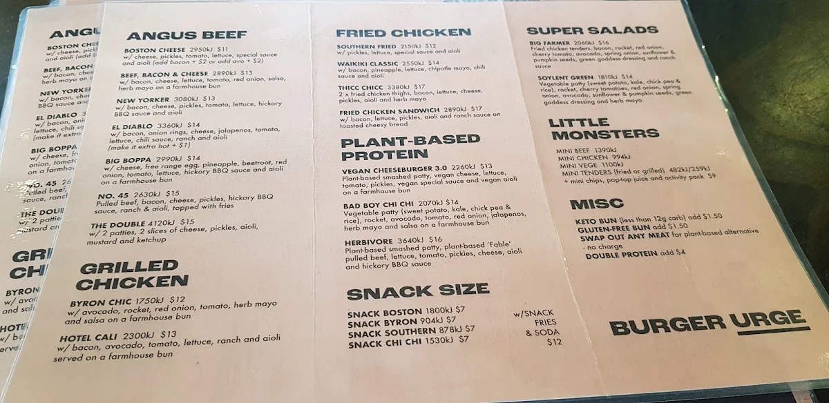 Menu, Burger Urge (DFO Brisbane Airport)