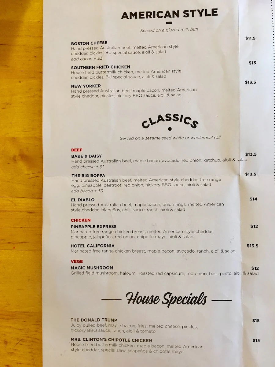 Menu, Burger Urge (DFO Brisbane Airport)