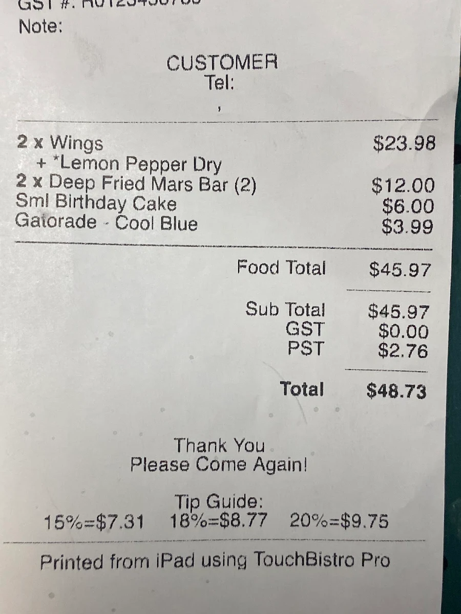 Menu, Big Wing's