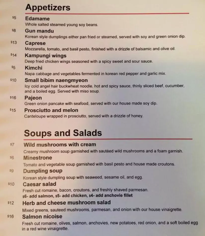 Menu, Cucina