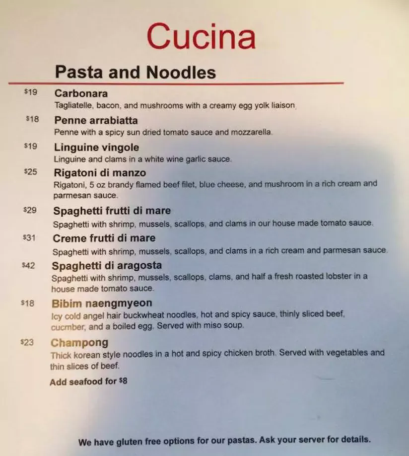 Menu, Cucina