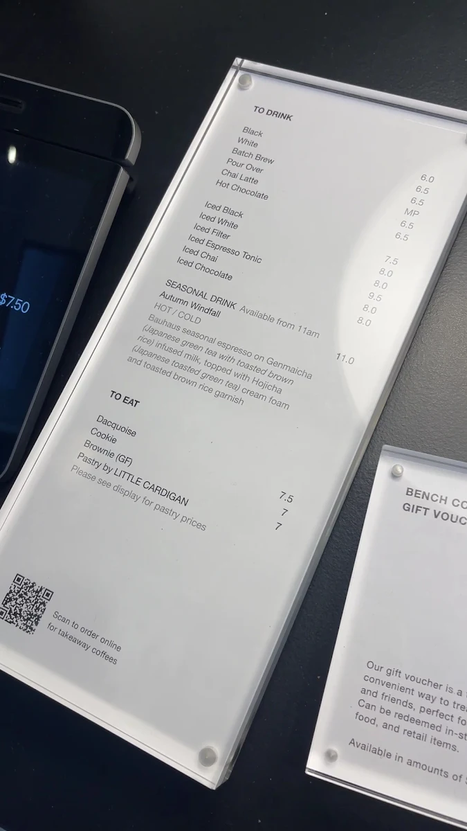 Menu, BENCH COFFEE CO. Lt Collins