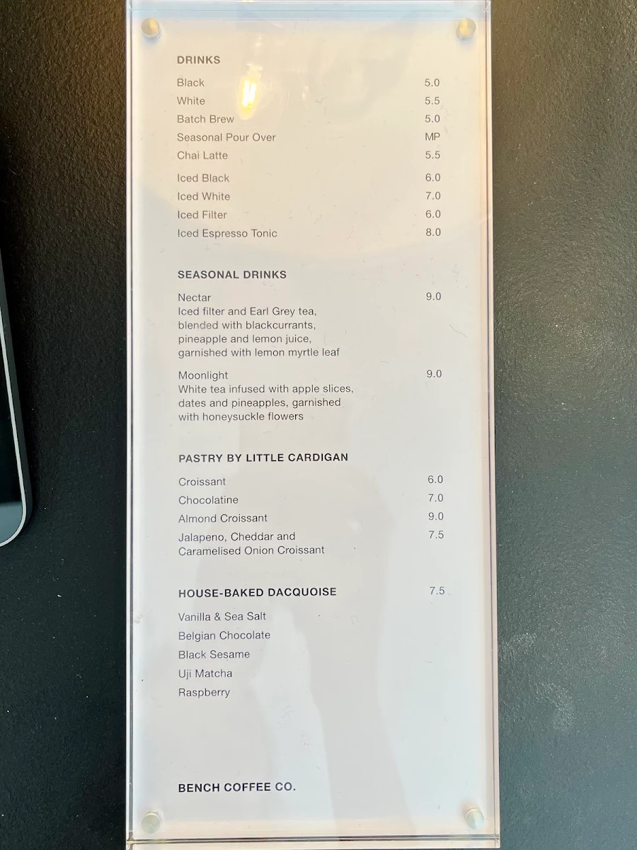 Menu, BENCH COFFEE CO. Lt Collins