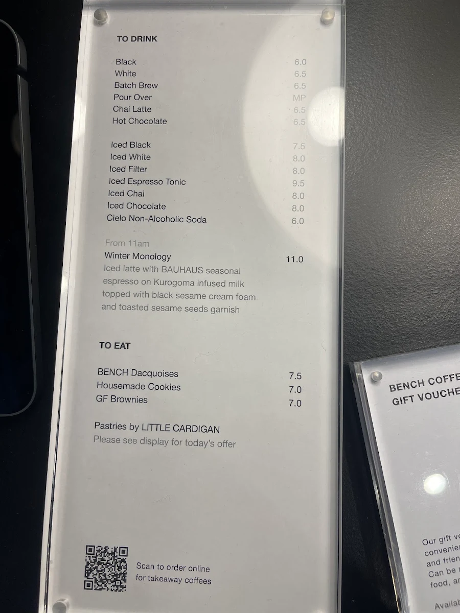 Menu, BENCH COFFEE CO. Lt Collins
