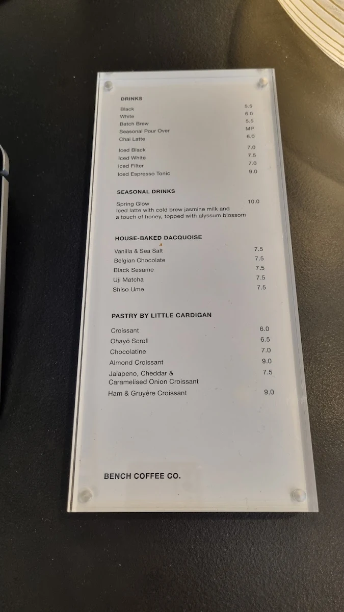 Menu, BENCH COFFEE CO. Lt Collins