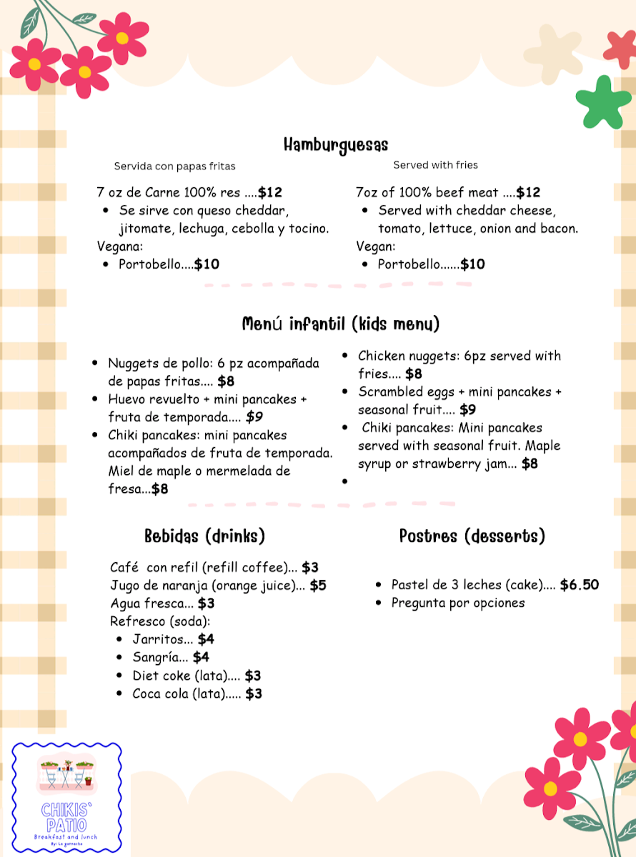 Menu, Chikis Patio
