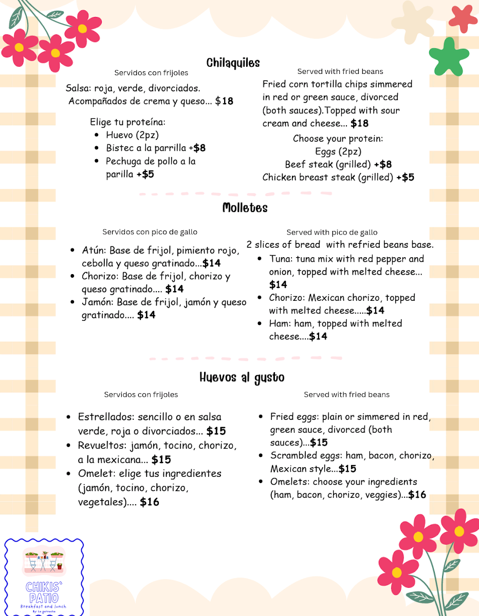 Menu, Chikis Patio