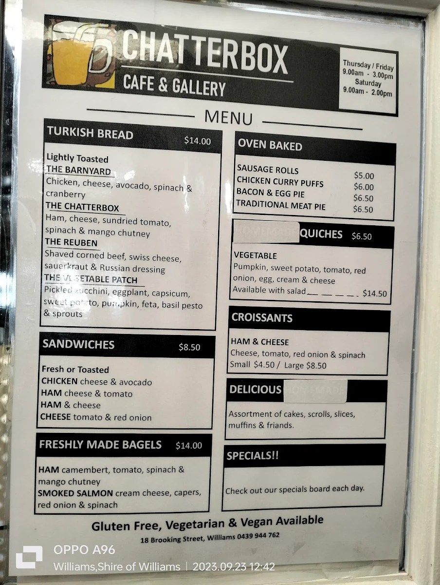 Menu, Chatterbox Cafe Williams