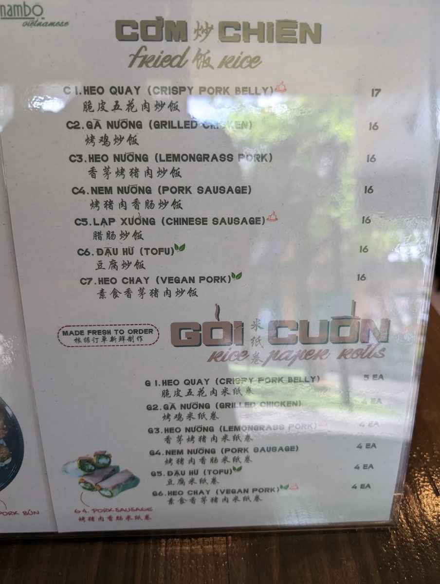 Menu, NAMBO BOX HILL