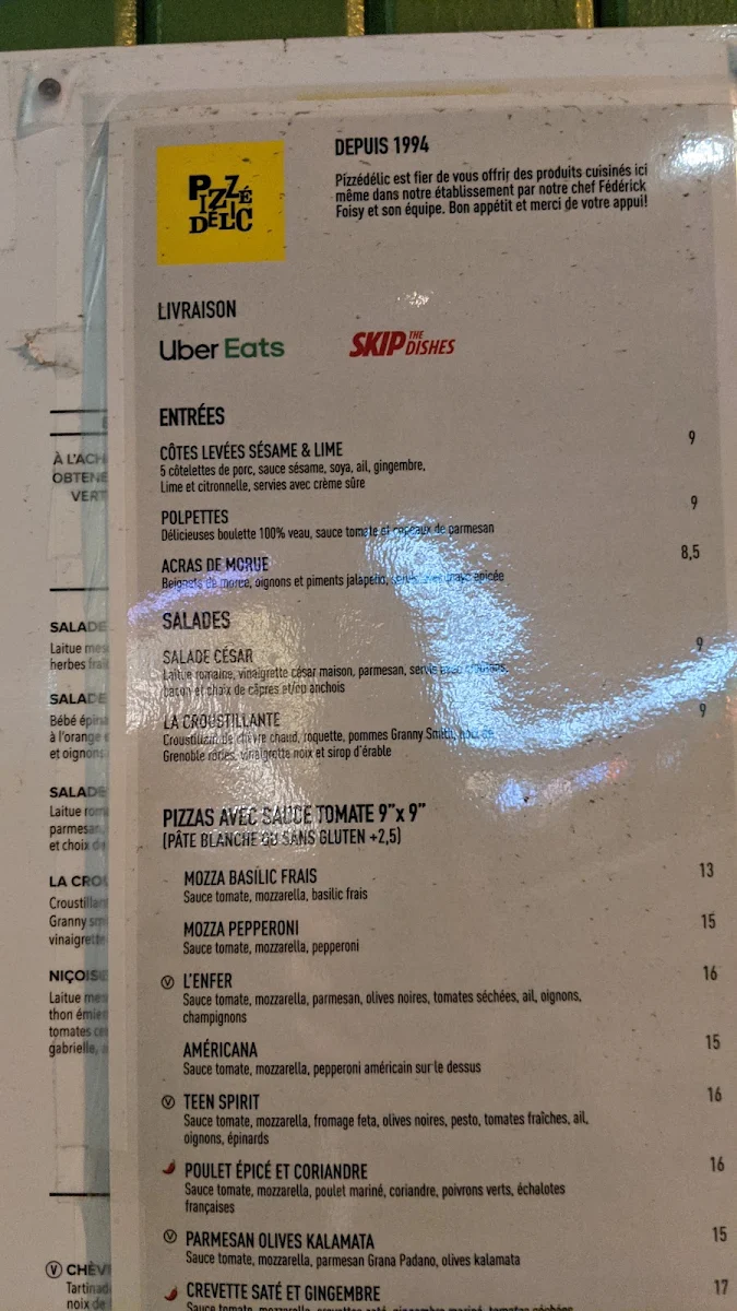 Menu, Pizzédélic Mont-Royal