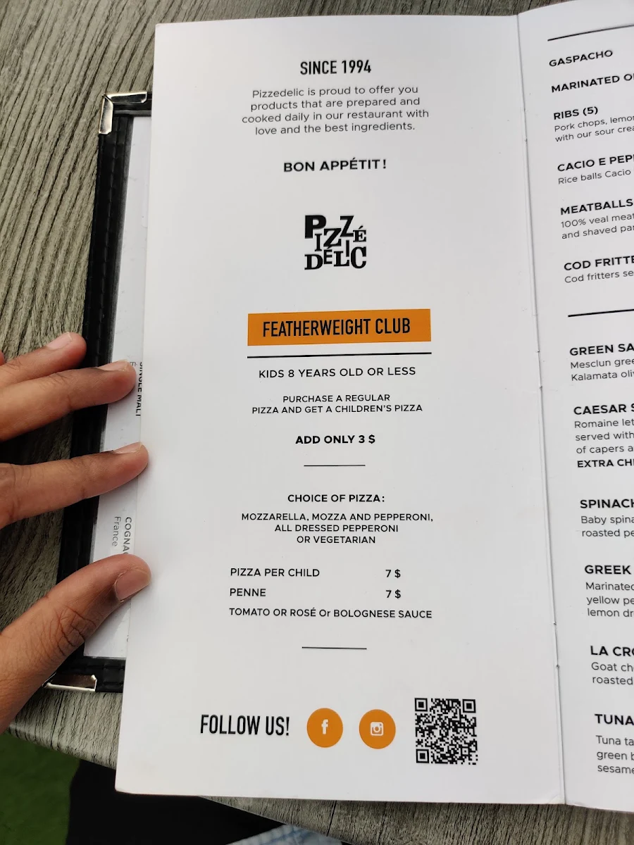 Menu, Pizzédélic Mont-Royal