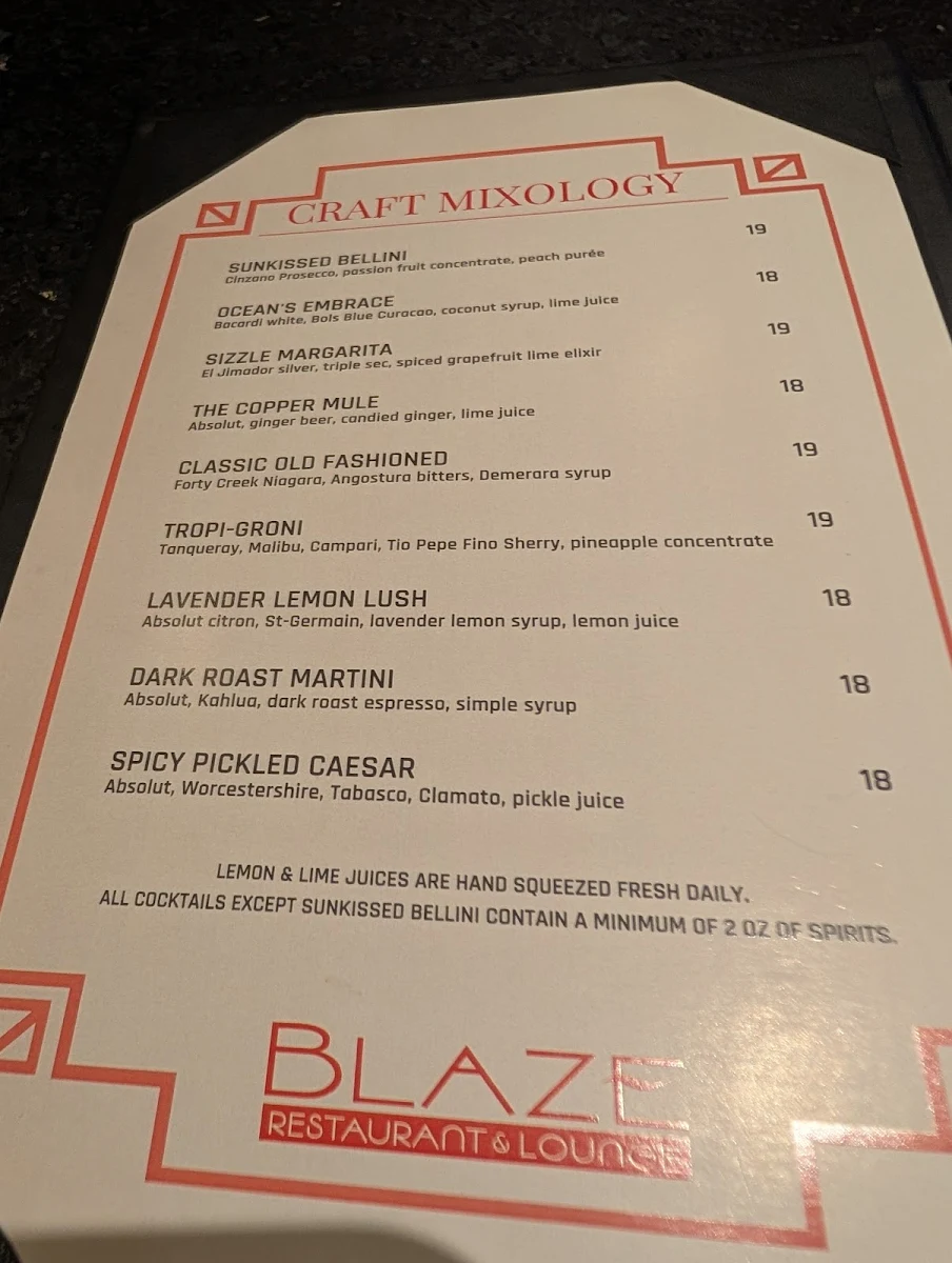 Menu, Blaze Bistro and Lounge