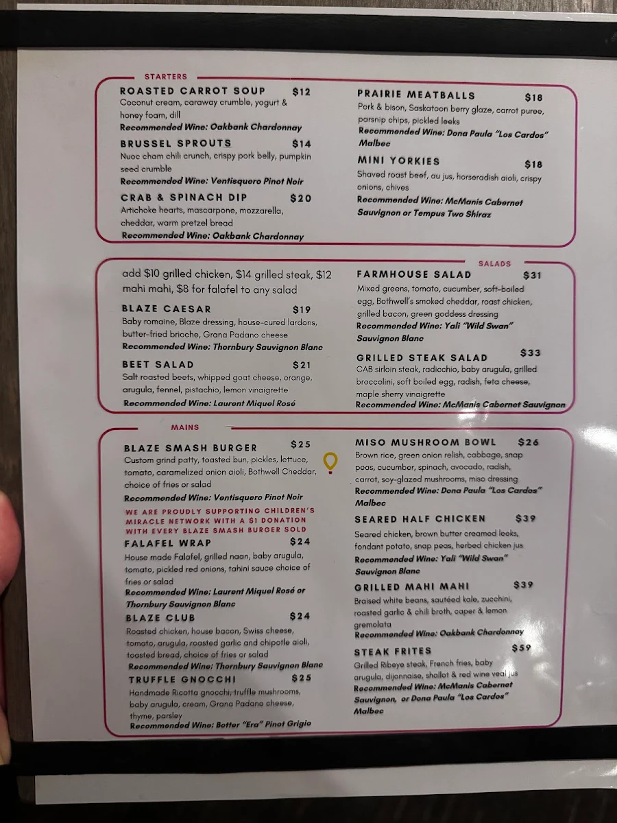 Menu, Blaze Bistro and Lounge