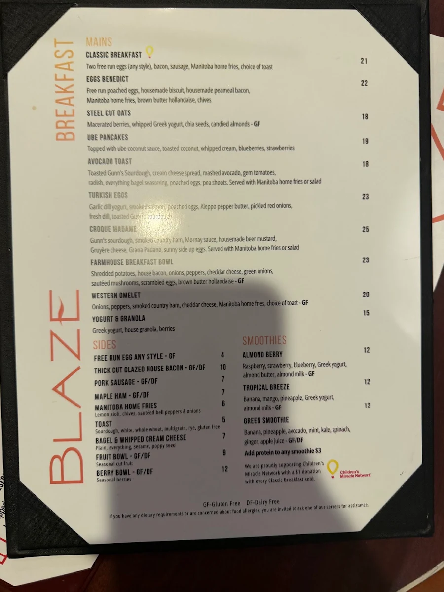 Menu, Blaze Bistro and Lounge