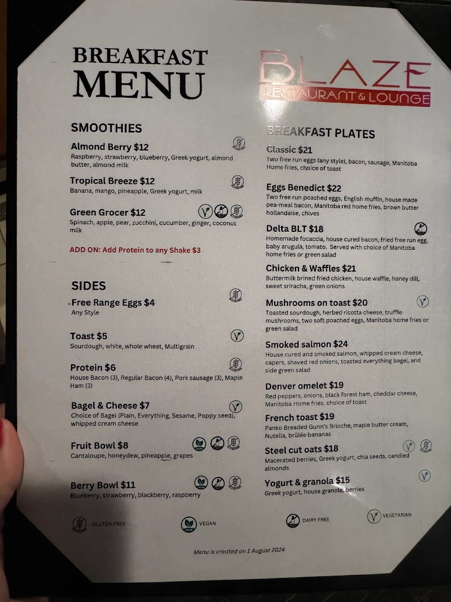 Menu, Blaze Bistro and Lounge