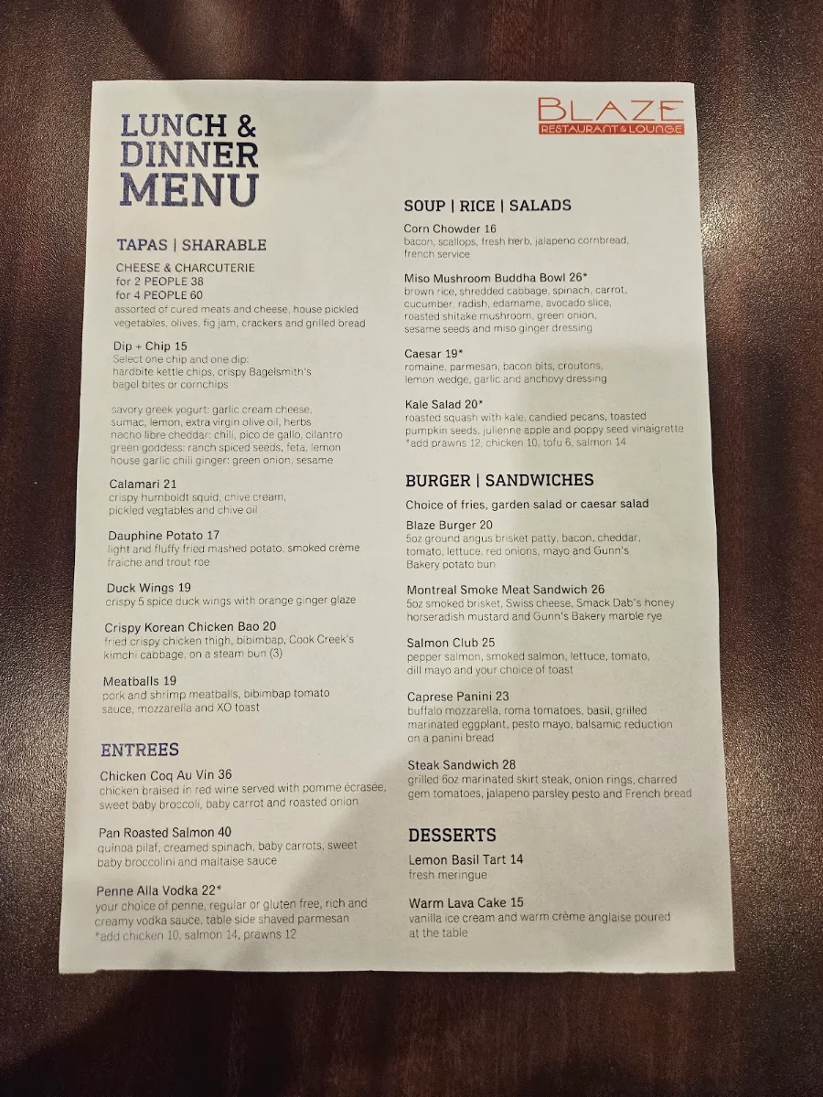 Menu, Blaze Bistro and Lounge