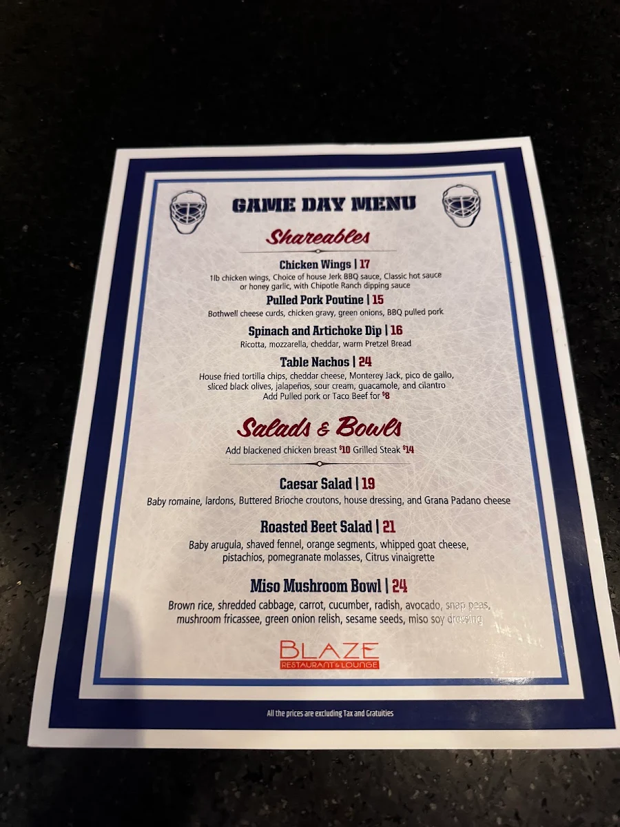 Menu, Blaze Bistro and Lounge