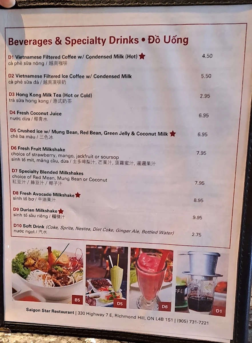Menu, Saigon Star Restaurant