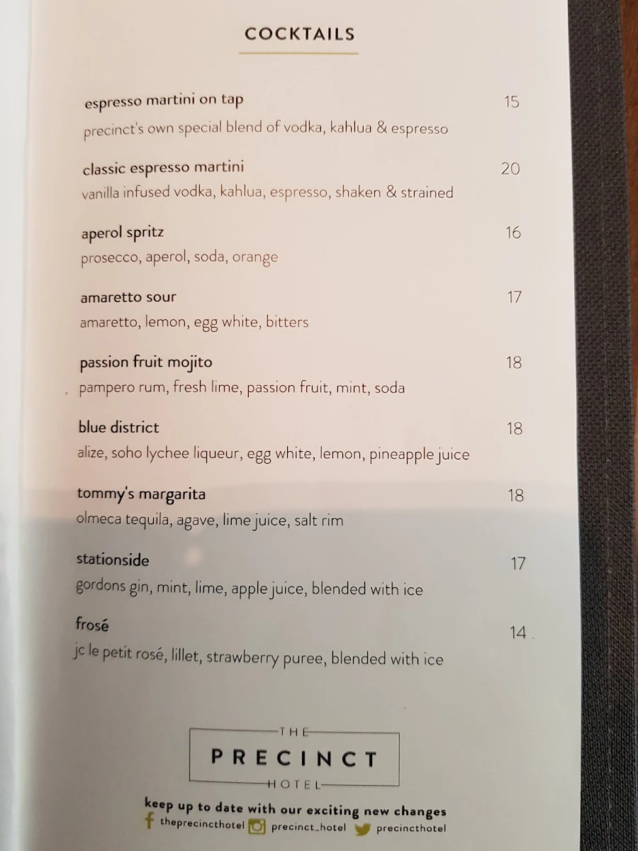 Menu, The Precinct Hotel