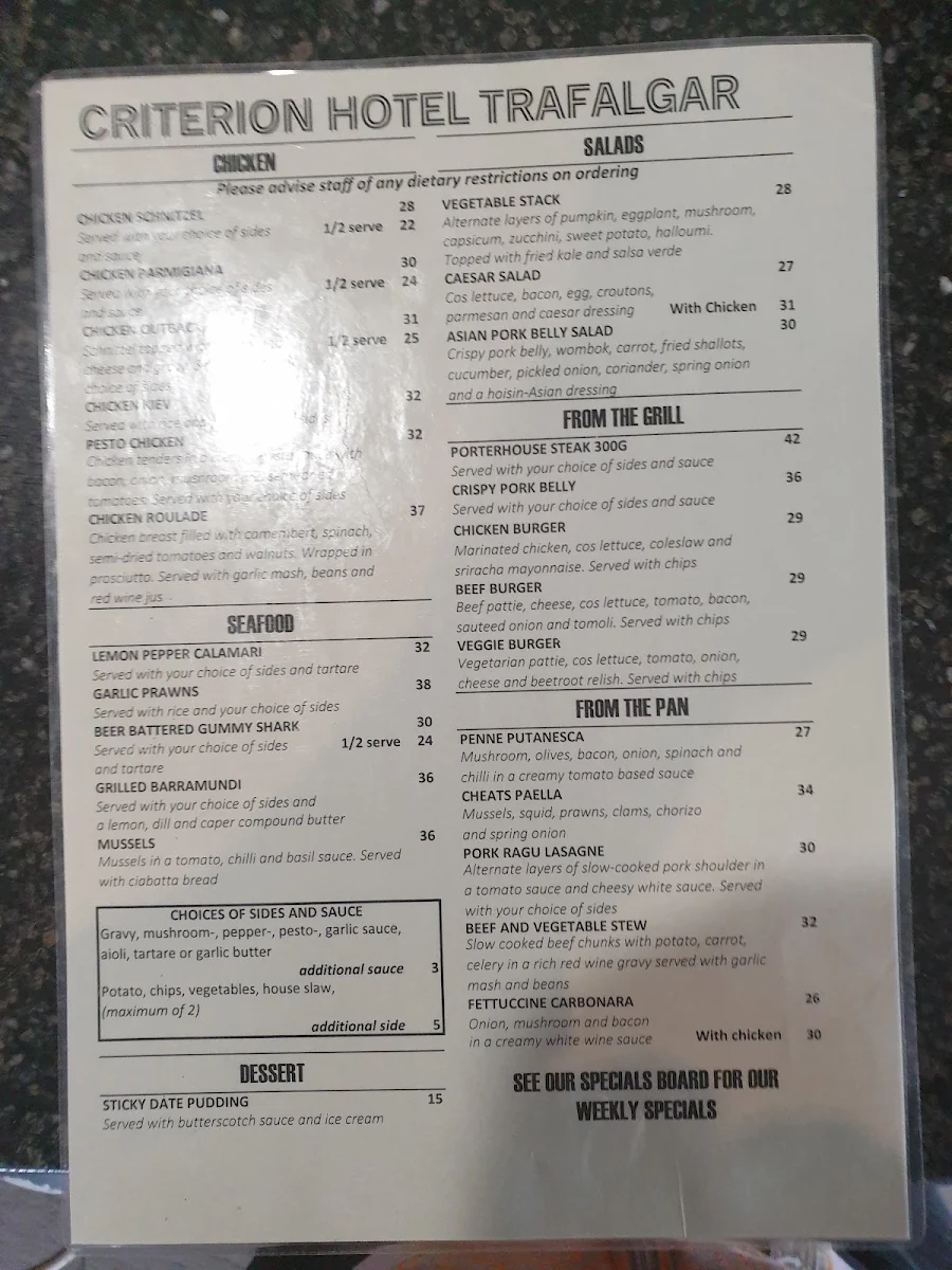 Menu, Criterion Hotel