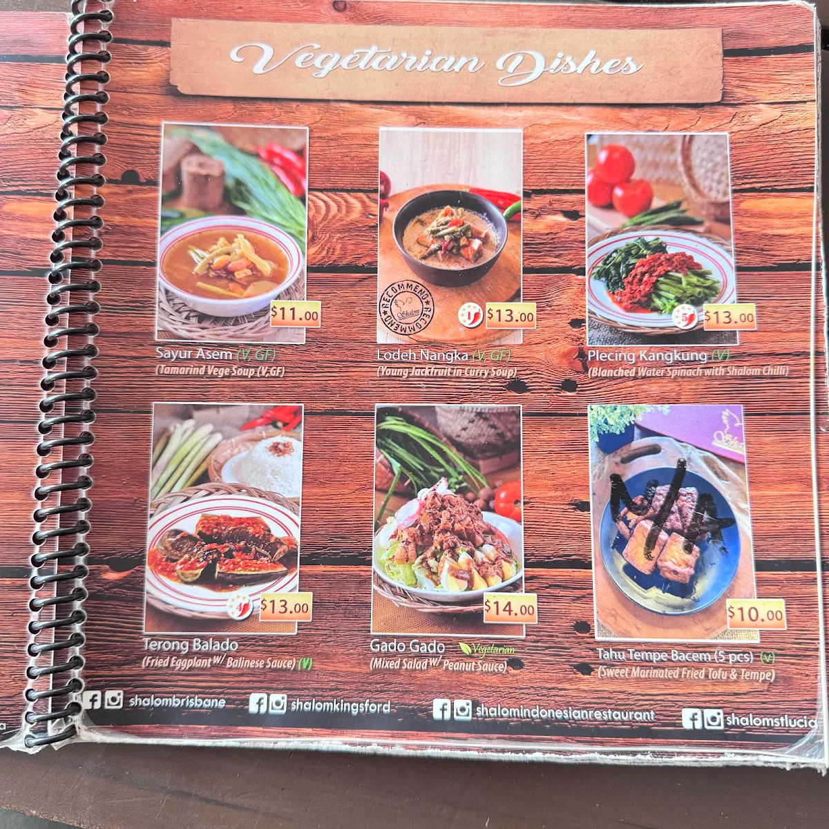 Menu, Shalom St Lucia Indonesian Restaurant