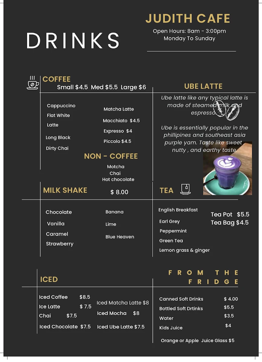Menu, Judith’s Cafe