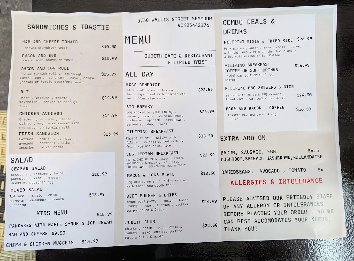 Menu, Judith’s Cafe