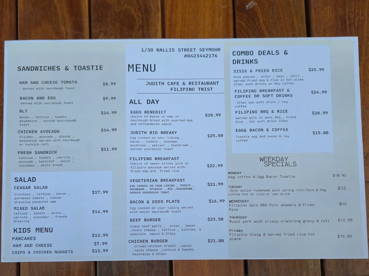 Menu, Judith’s Cafe