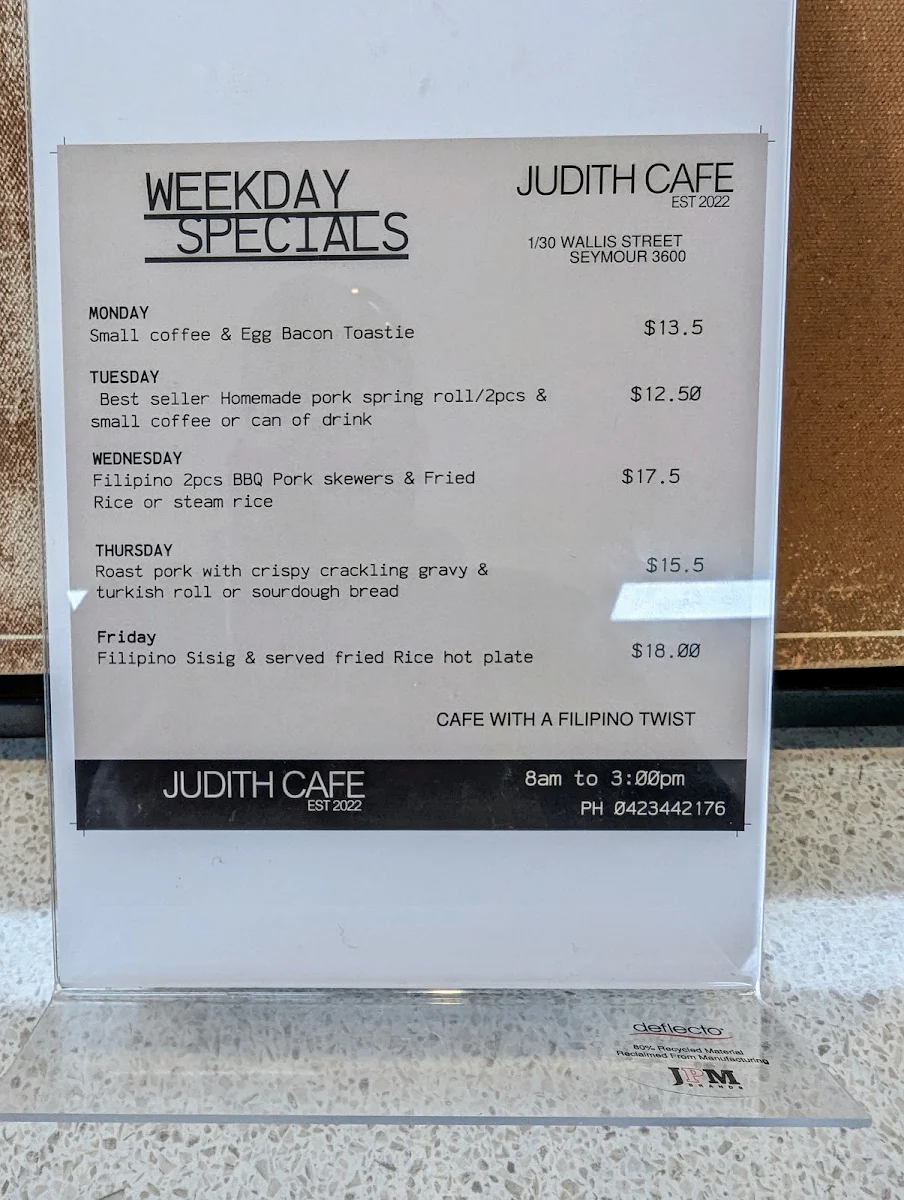 Menu, Judith’s Cafe