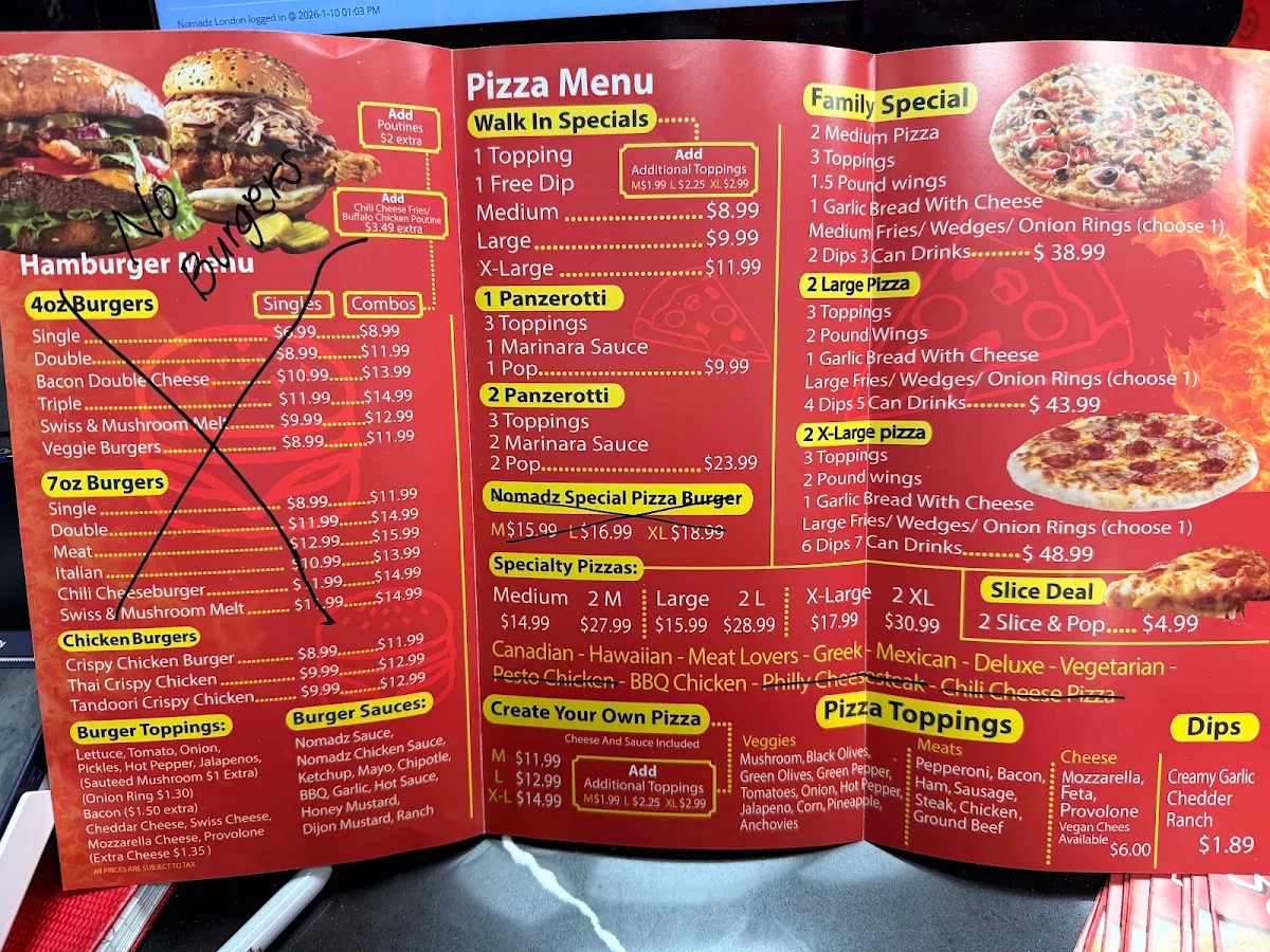 Menu, Nomadz Grill N' Pie
