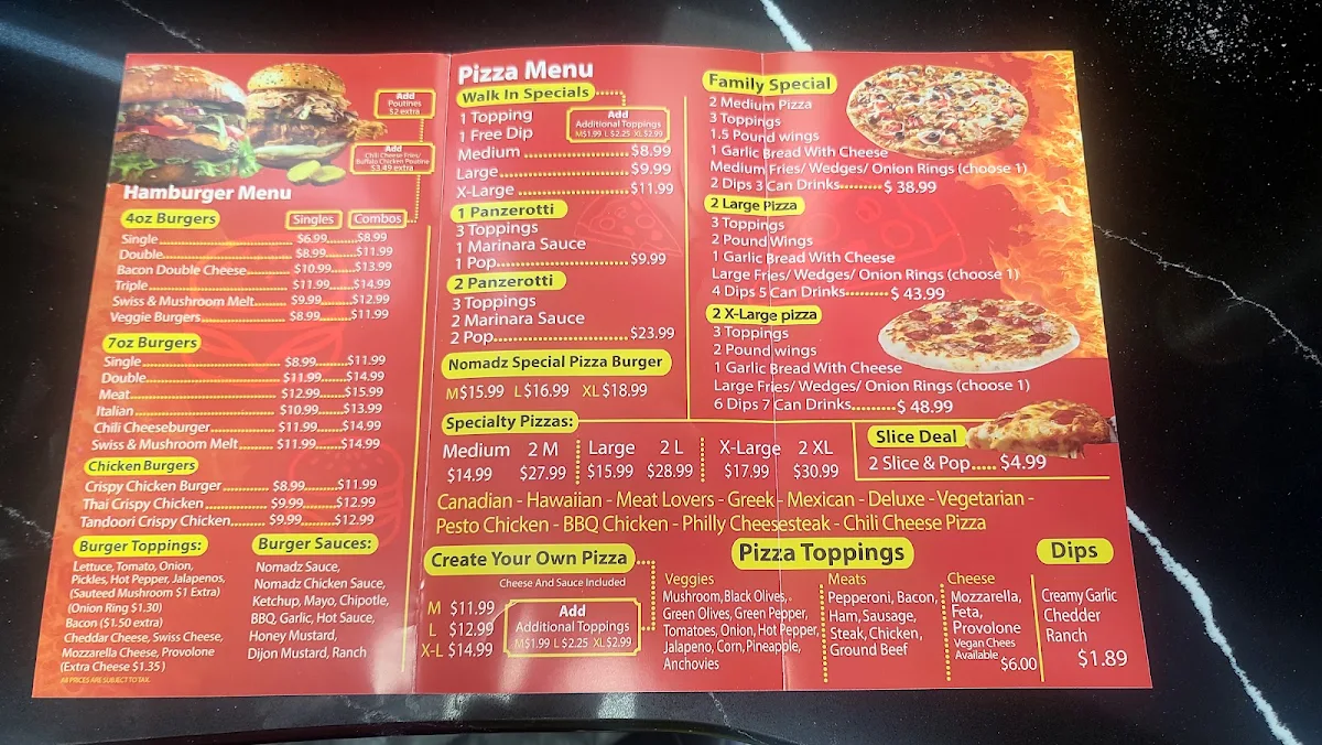 Menu, Nomadz Grill N' Pie
