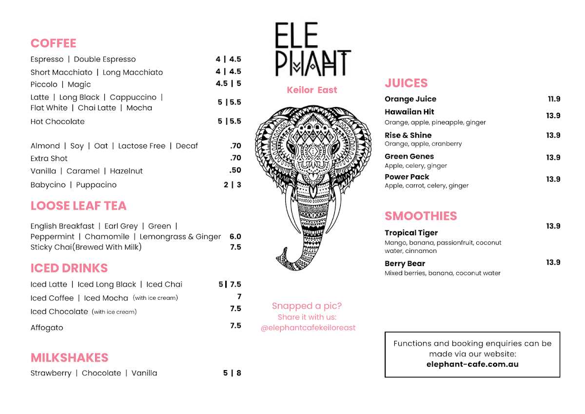 Menu, Elephant Cafe Keilor East