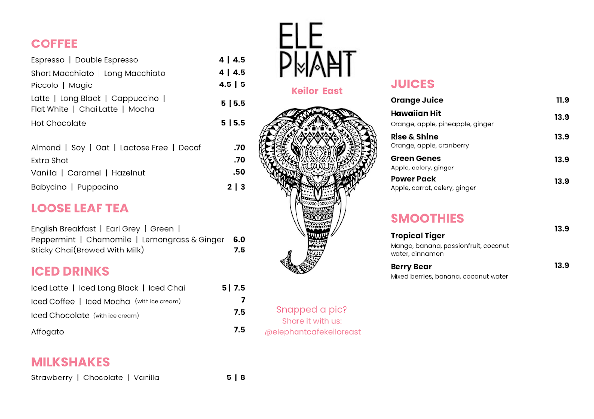 Menu, Elephant Cafe Keilor East