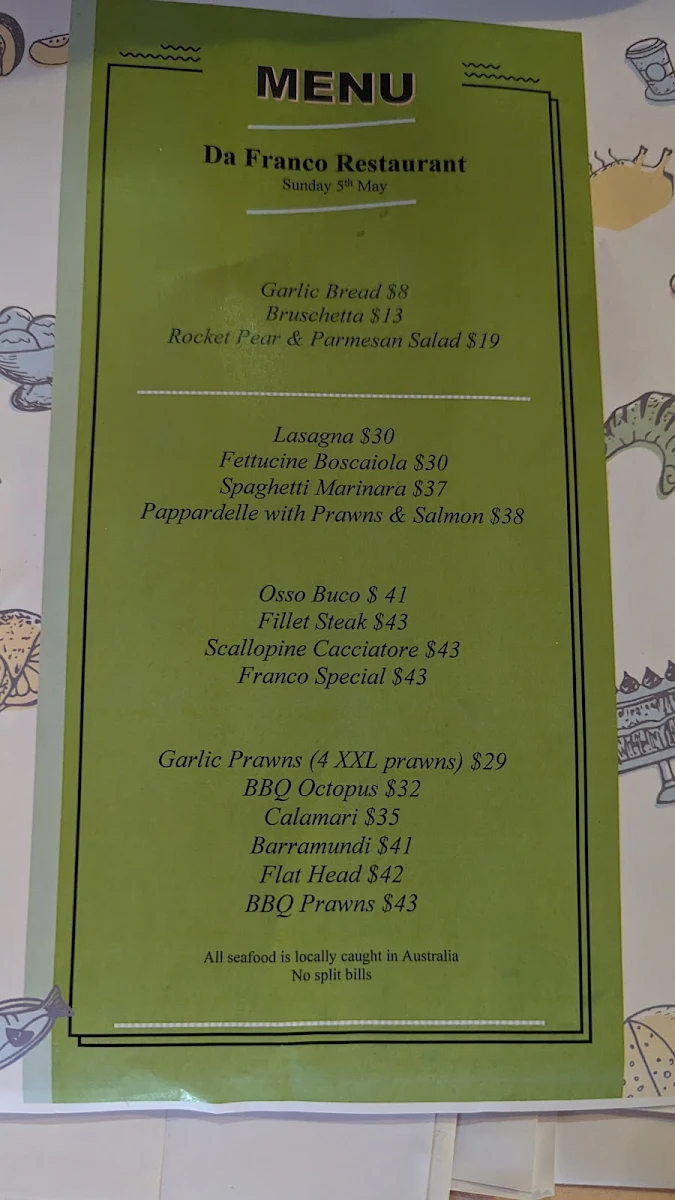 Menu, Da Franco Concord