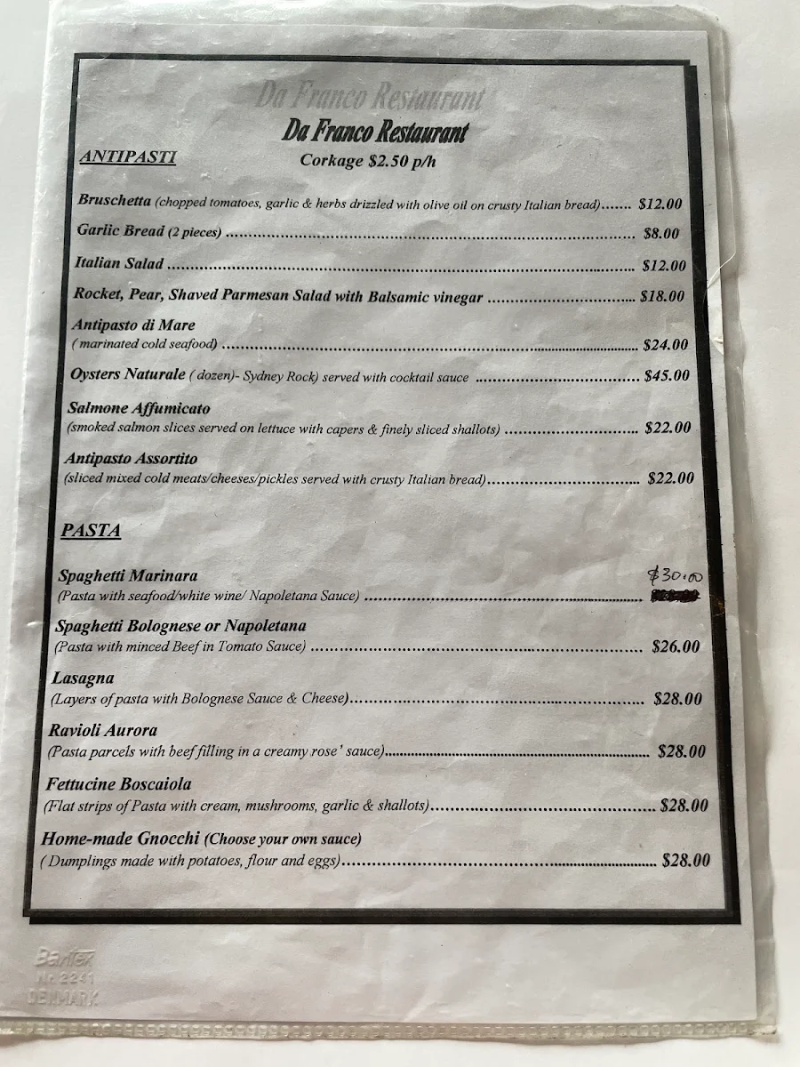 Menu, Da Franco Concord