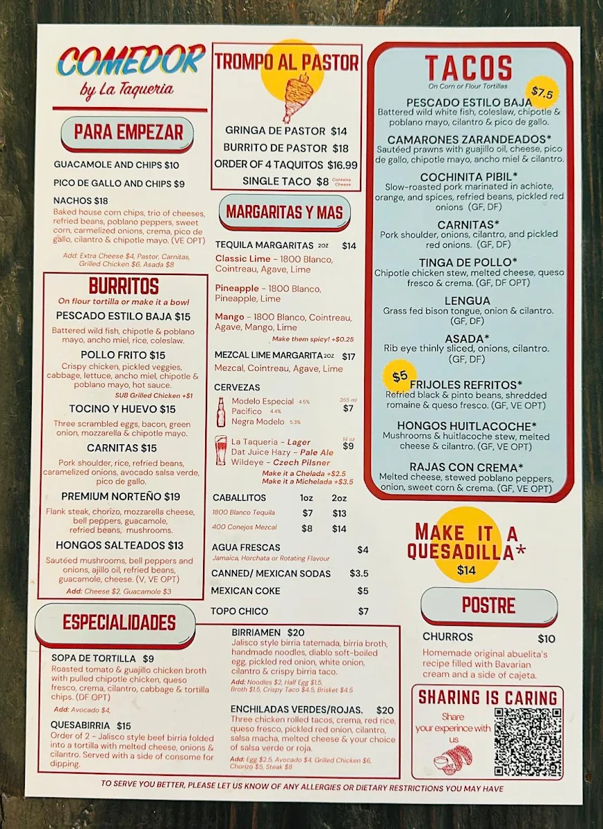 Menu, COMEDOR By La Taqueria Pinche Taco Shop