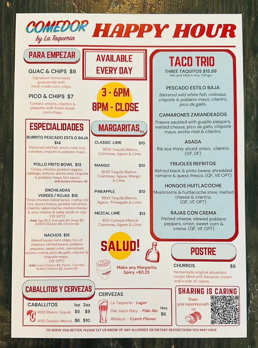 Menu, COMEDOR By La Taqueria Pinche Taco Shop